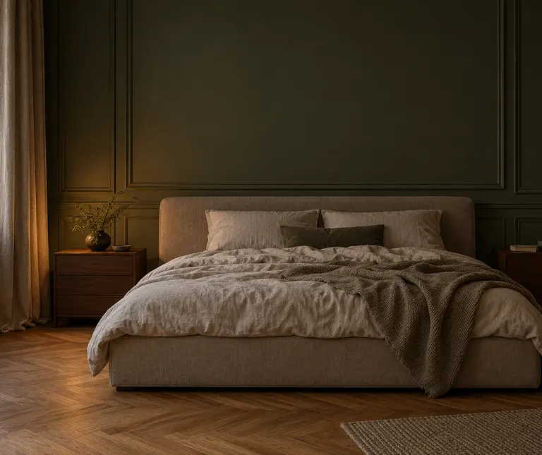 Bedroom with an olive-green panelled wall, an upholstered bed and walnut bedside cabinets