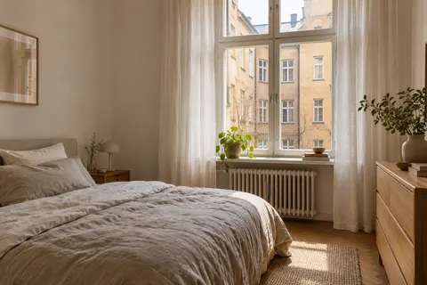 Quiet bedroom with an oak dresser