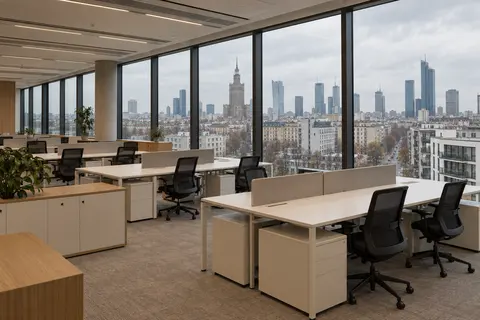 Open-plan office with white desks and black task chairs