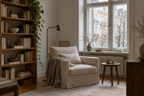 Reading corner with a linen armchair and a bookcase