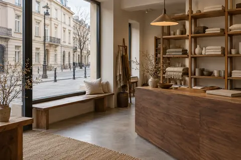 Small shop with a walnut counter and open shelving