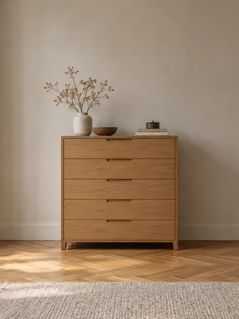 Light oak chest of drawers against a pale plaster wall