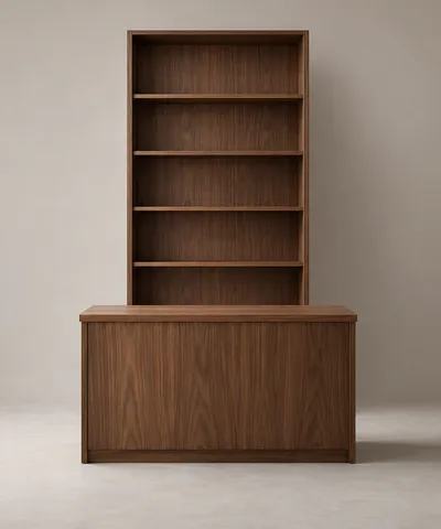 Walnut shop counter with open shelving
